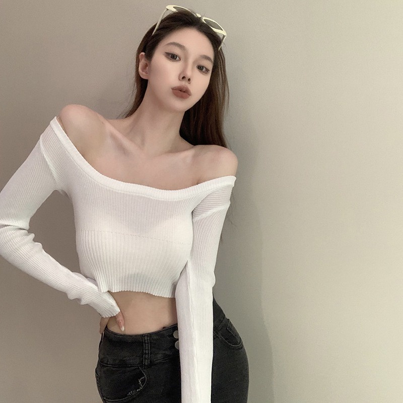 Áo Croptop Dệt Kim Tay Dài Màu Sắc Đơn Giản Phong Cách Hàn Quốc Cho Nữ