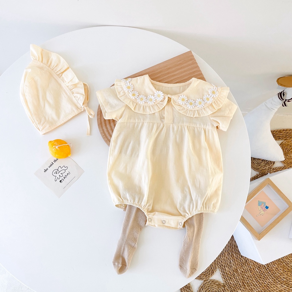 Áo liền quần SANLUTOZ tay ngắn cotton trang trí hoa có mũ trùm đầu dễ thương kiểu công chúa mùa hè cho bé gái sơ sinh