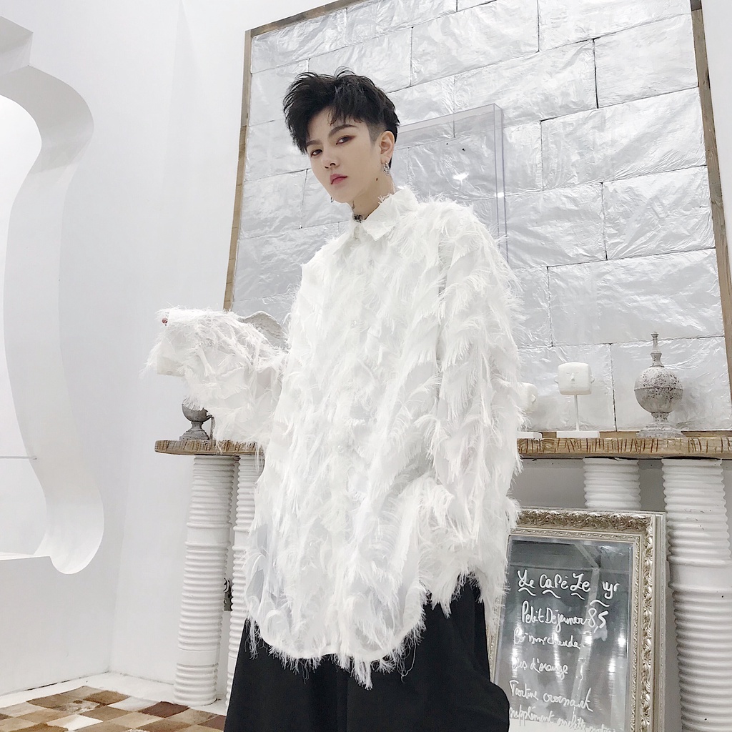 Áo Sơ Mi Dài Tay Xuyên Thấu Hình Lông Vũ Thời Thượng Phong Cách Phương Tây Cho Nam DJ