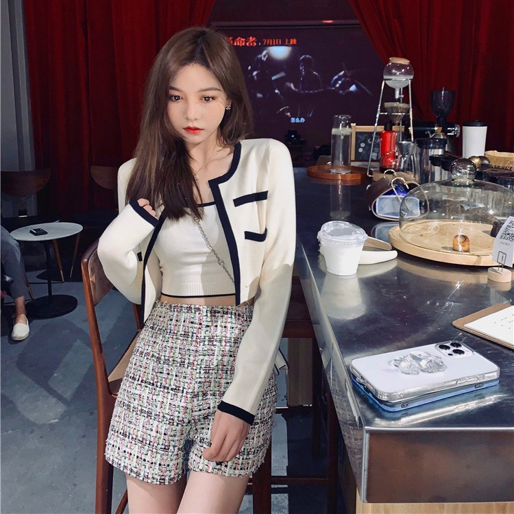 Set áo cardigan SUXI ngắn/ dài tay kèm áo 2 dây dệt kim phong cách Hàn Quốc