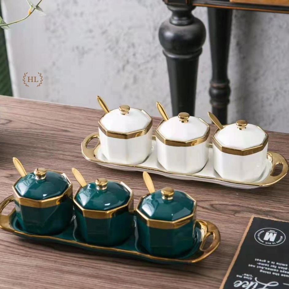 3 Hũ đựng gia vị chất liệu sứ kèm khay | HŨ ĐỰNG GIA VỊ DECOR PHONG CÁCH VINTAGE