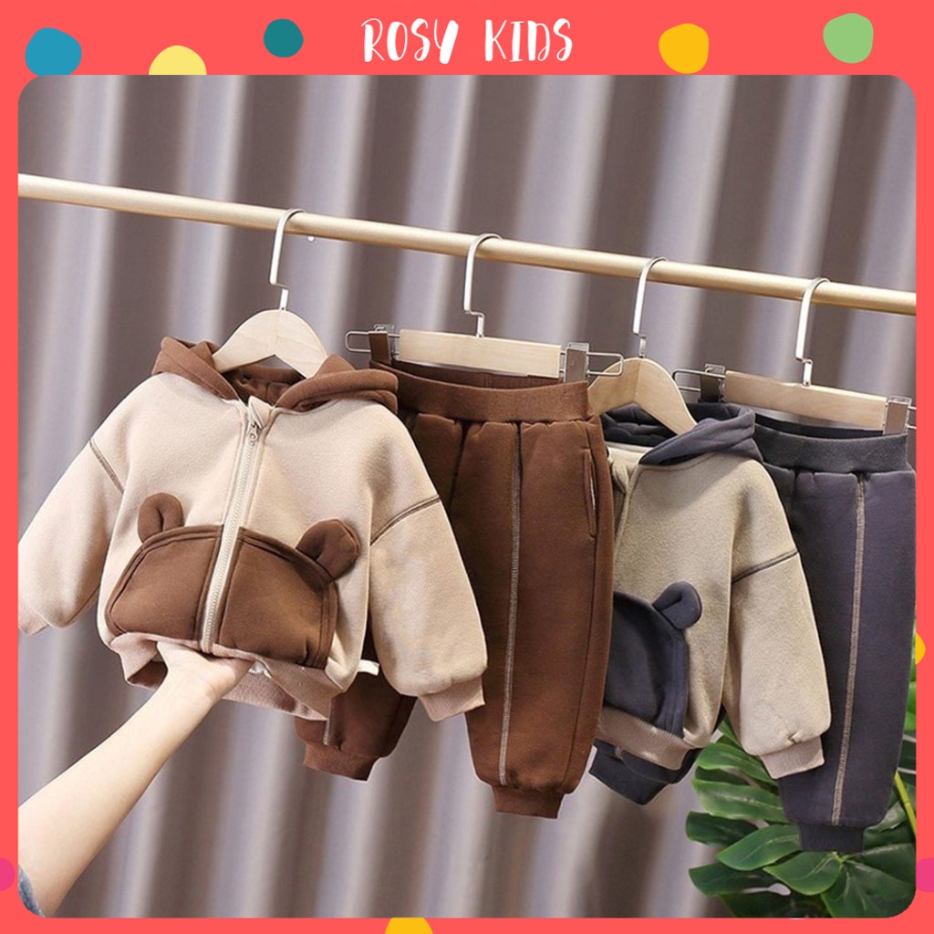 Bộ Nỉ Bông Cho Bé , Bộ Nỉ Bông Có Mũ Tai Gấu Cho Bé Trai, Bé Gái Từ 6-28Kg - Rosy Kids
