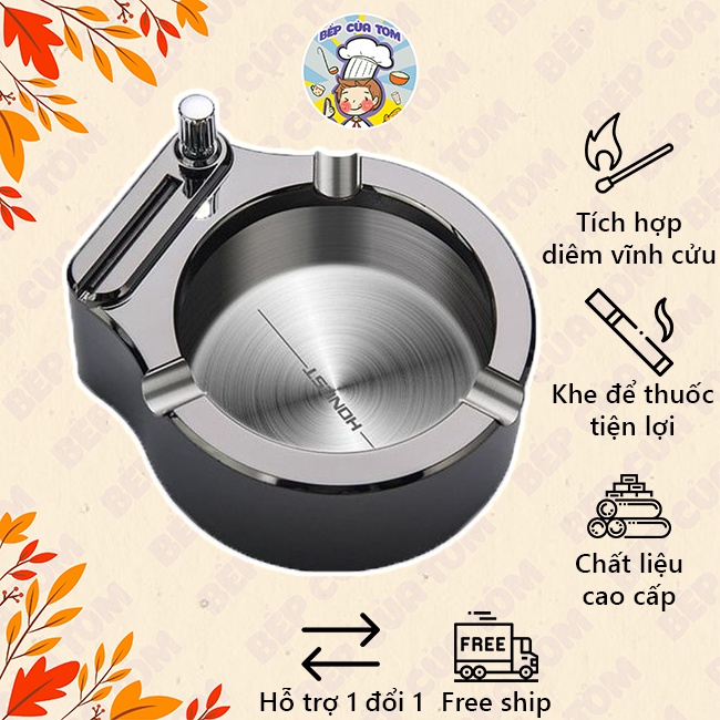 Gạt Tàn Thuốc Lá Inox 902 Chống Gỉ Tích Hợp Diêm Vĩnh Cửu Không Cần Bật Lửa Mỗi Lần Hút ( Không Kèm Xăng )