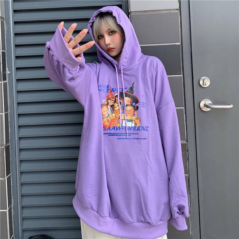 ZHELIHANGFEI Áo len trùm đầu tay dài in hình hoạt hình phong cách đại học