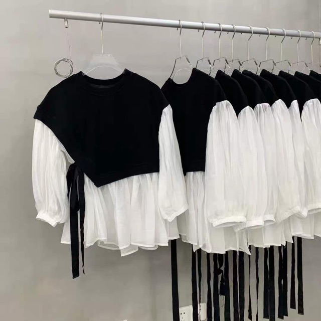 HÀNG ĐẸP Áo Sơ Mi Dáng Babydoll Tay Bồng Siêu Xinh , Áo Thu Pha Đen Trắng