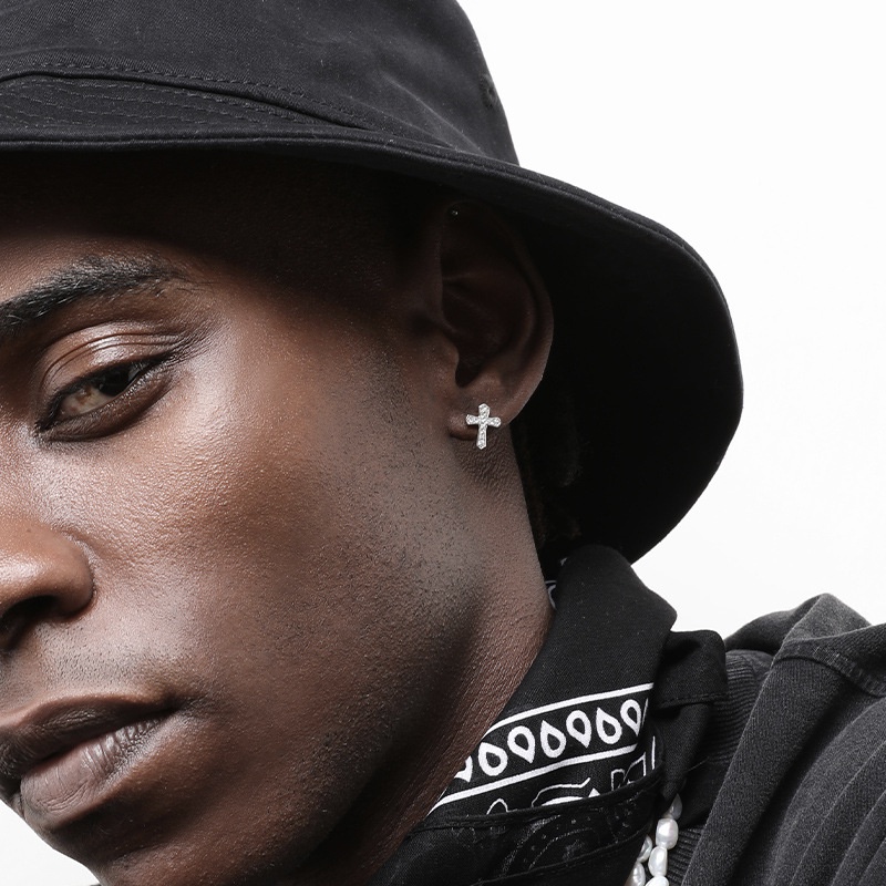 Bông Tai Mạ Bạc 925 Hình Thánh Giá Đính Đá zircon Phong Cách hip hop Cho Nam Nữ