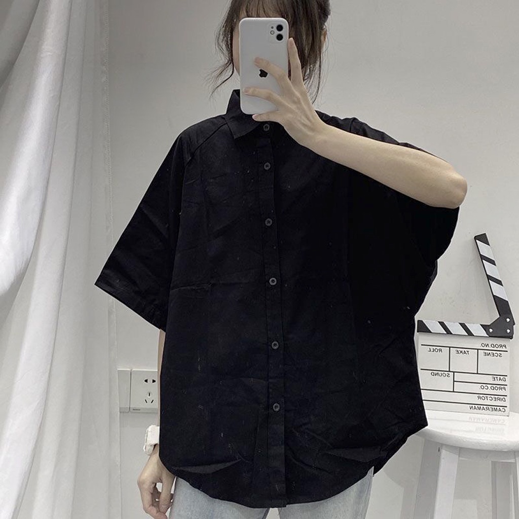 Áo Sơ Mi Ngắn Tay Nam Nữ Unisex Basic TRƠN Vải Cotton Lụa Trắng Và Đen - Kiểu sơ mi tay cộc tay nam Leevin Store