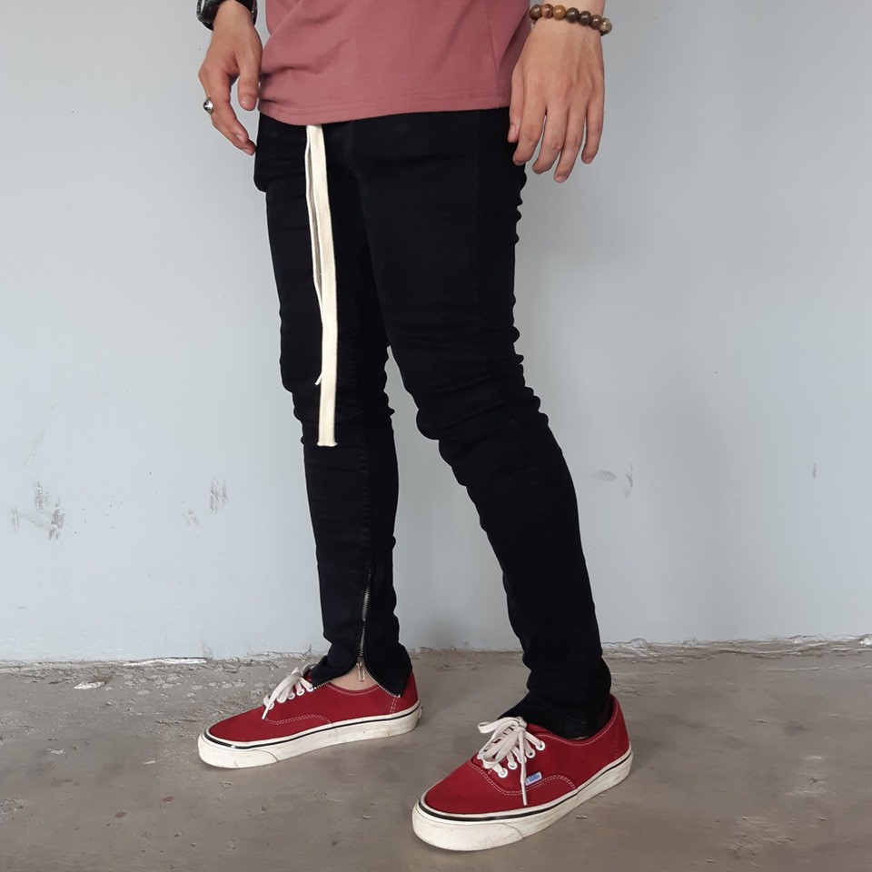 Quần jean đen nam Streetwear DATINO form Skinny co giãn ống khóa Zipper, bền màu