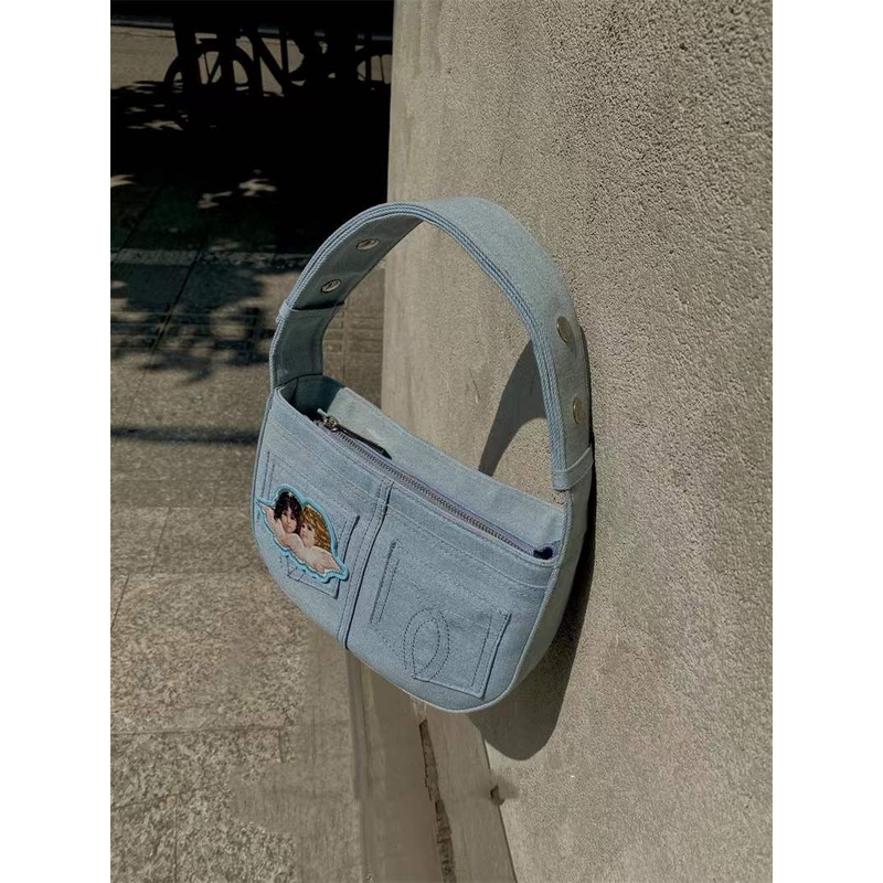 ⭐Còn Hàng ⭐ Túi tote denim Thêu Hình Thiên Thần Phong Cách Ý niche Cho Nữ
