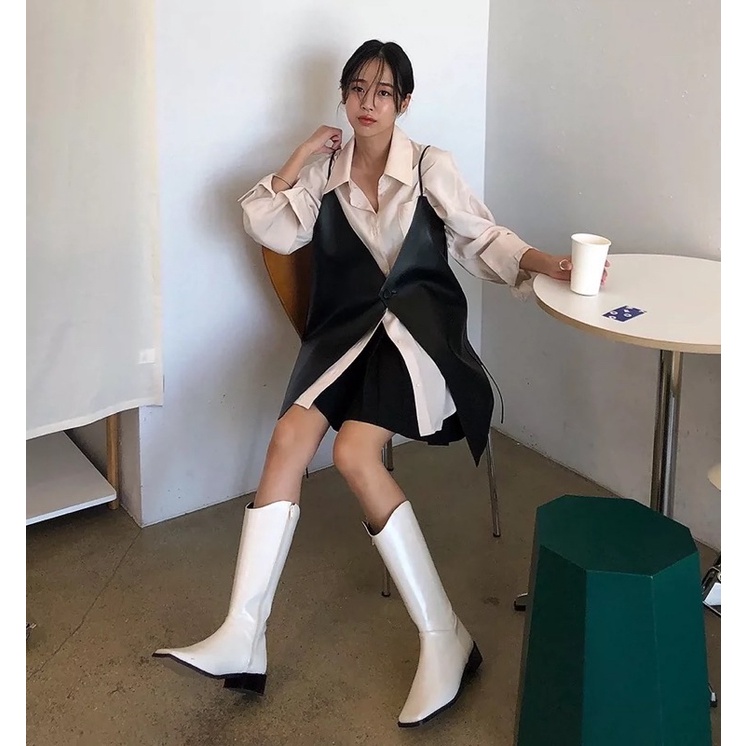 Áo yếm da khuy cài phong cách Hàn Quốc