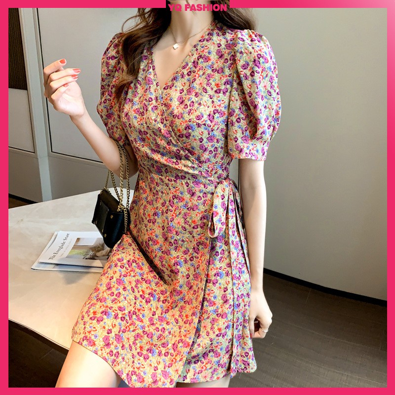 Đầm hoa cổ chữ v thiết kế tay phồng có dây thắt ngang eo tùy chỉnh kiểu dáng tiểu thư | BigBuy360 - bigbuy360.vn