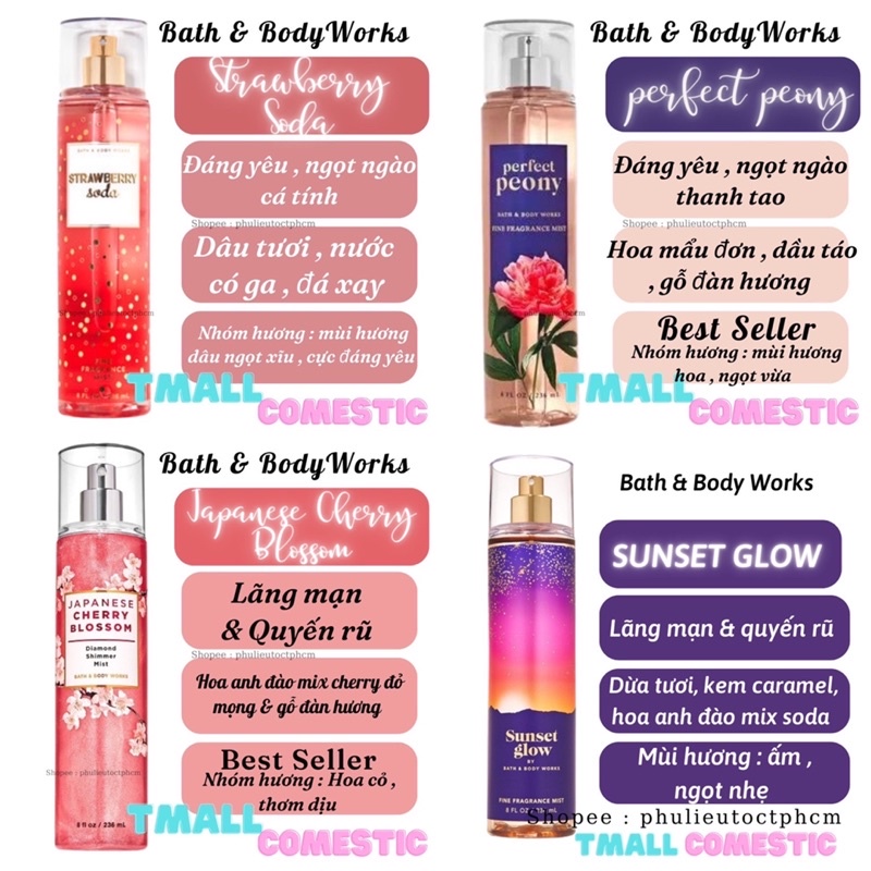 [Mã COSXANH100 giảm 10% đơn 250K] Xịt thơm toàn thân body mist Bath And Body Works 236ML Tmall Cosmetic | BigBuy360 - bigbuy360.vn