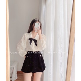 Set áo nơ, chân váy nhung