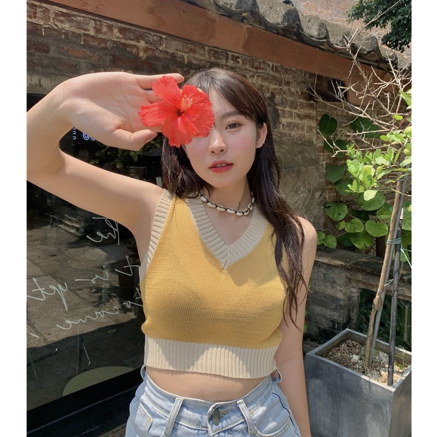 Cocory vn Áo không tay cổ chữ V dệt kim kẻ sọc thời trang cho nữ | BigBuy360 - bigbuy360.vn