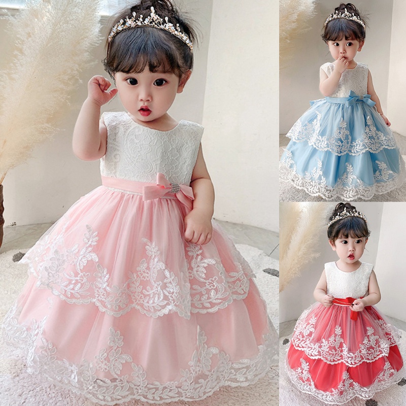 Đầm Công Chúa Không Tay Vải Tuyn Phối Ren Lưới Thêu Hoa Xinh Xắn Cho Bé Gái