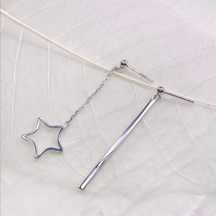 Khuyên bạc nữ 925 thanh dài dây xích treo sao 5 cánh rỗng to xinh xắn Dế Bạc - K1255