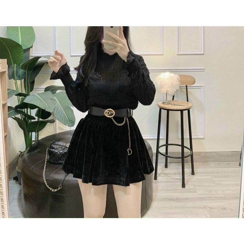 CHÂN VÁY NHUNG XOÈ KÈM ĐAI CHẤT ĐẸP MS17299