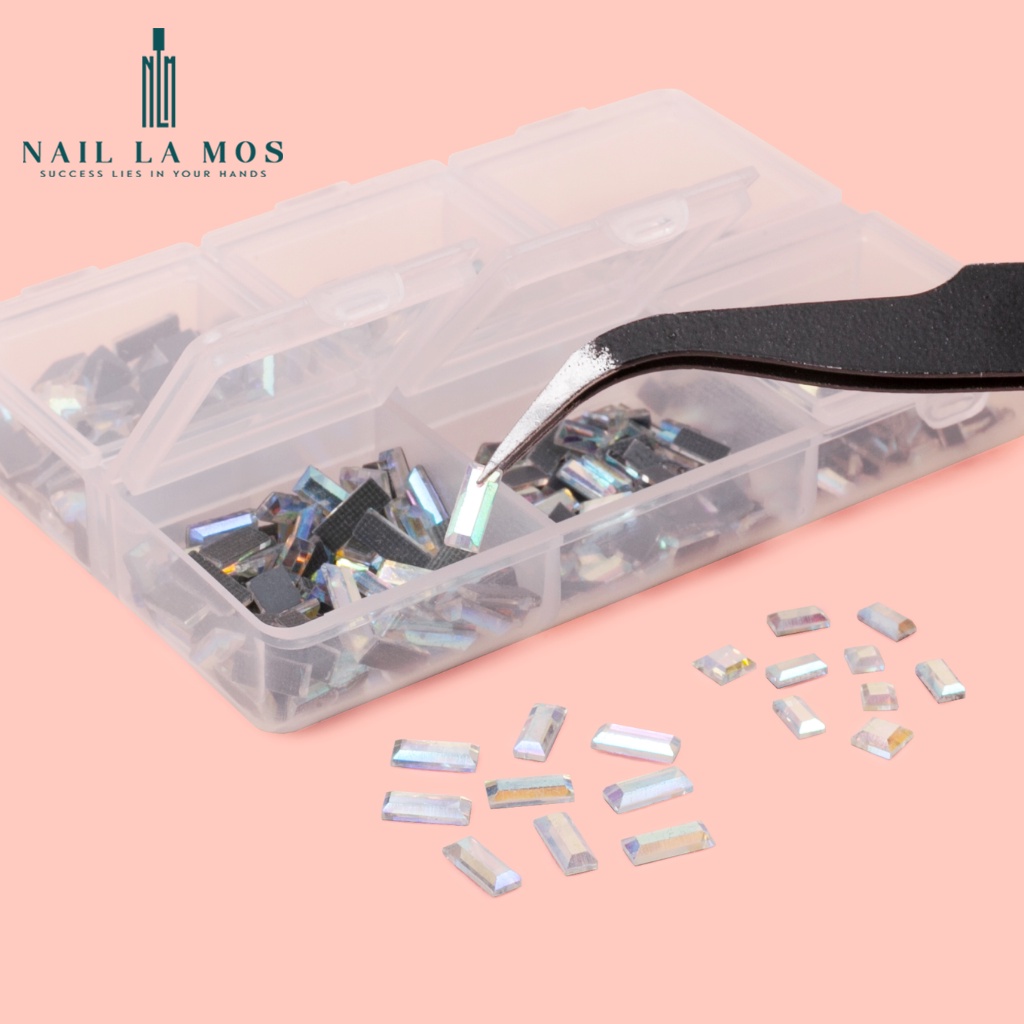 Khay đá khối chân keo đính móng - Đá nail chân bằng mix size chữ nhật, vuông 6 ngăn nhiều màu sang chảnh