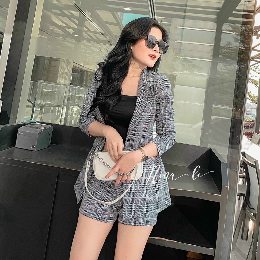 Áo khoác blazer nữ dài tay,sét bộ 3 món áo vest ,áo 2 dây và quần short thời trang trẻ trung xinh xắn