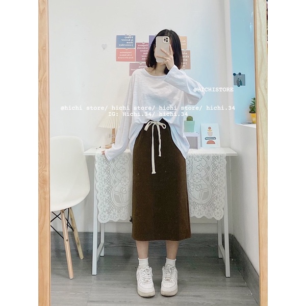 chân váy nhung dài midi vintage ẢNH THẬT VIDEO hichi