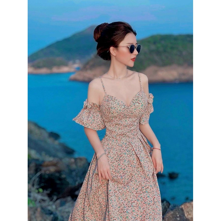 đầm maxi hai dây (có mút) chất lụa hoa, thích hợp cho đi biển