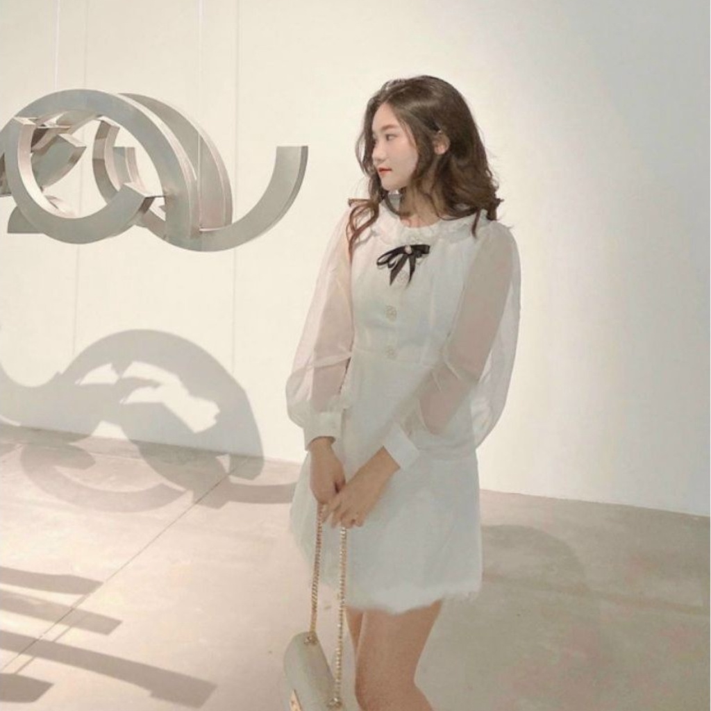 Đầm Nữ Màu Trắng Cổ Sen Tay Voan Siêu Xinh HNK368