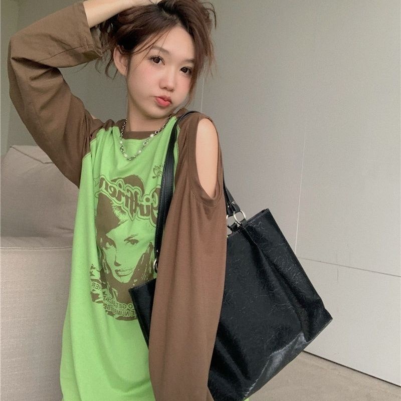 Jiashucheng Áo Thun Nữ Dài Tay Khoét Vai Thời Trang Hàn Mới