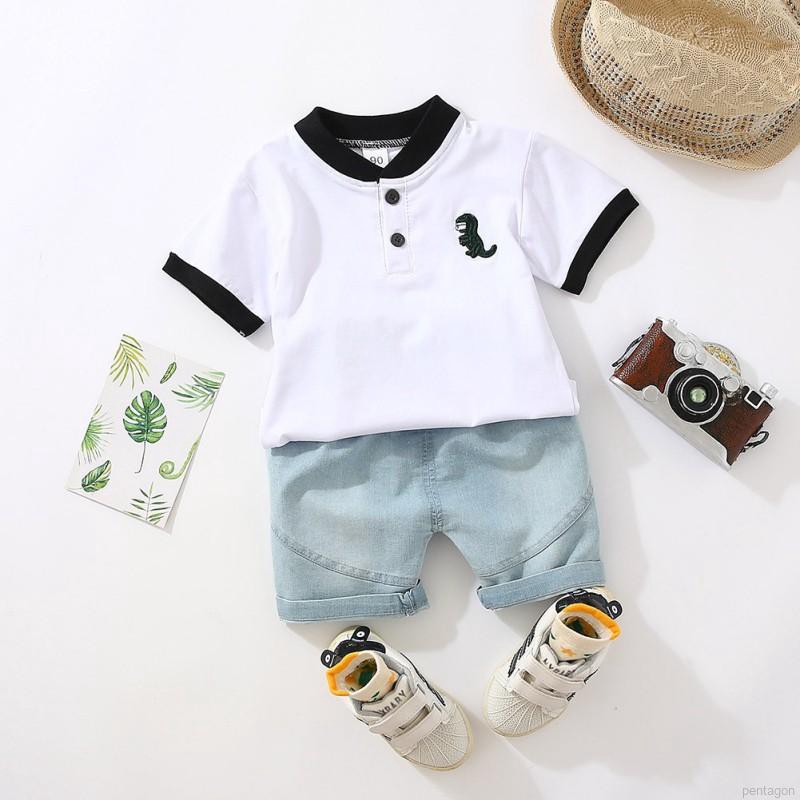 Bộ áo thun tay ngắn in hình khủng long + quần short denim cho bé trai