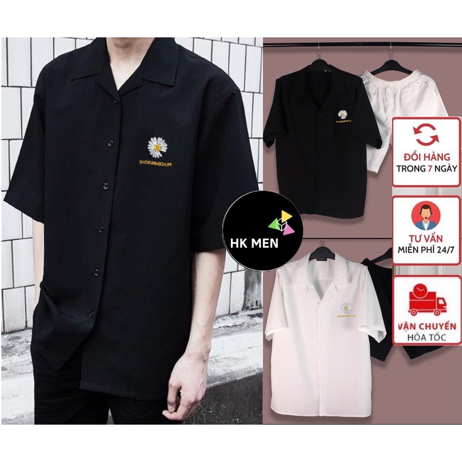 Set Áo Sơ Mi Nam Nữ Form Rộng THÊU Hình Hoa Cúc Basic Unisex Ngắn Tay Trắng Đen Cổ VEST & Quần Short KAKI (HK MEN)