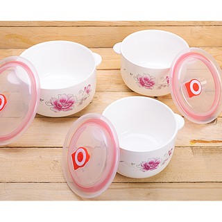 Bộ 3 tô sứ có tay cầm và nắp đậy hút chân không cao cấp