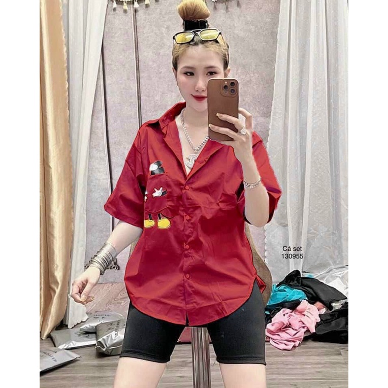 SET NỮ ÁO SƠ MI CÓ TÚI HỌA TIẾT MICKEY QUẦN LEGGING NGỐ PHÙ HỢP ĐI DẠO PHỐ