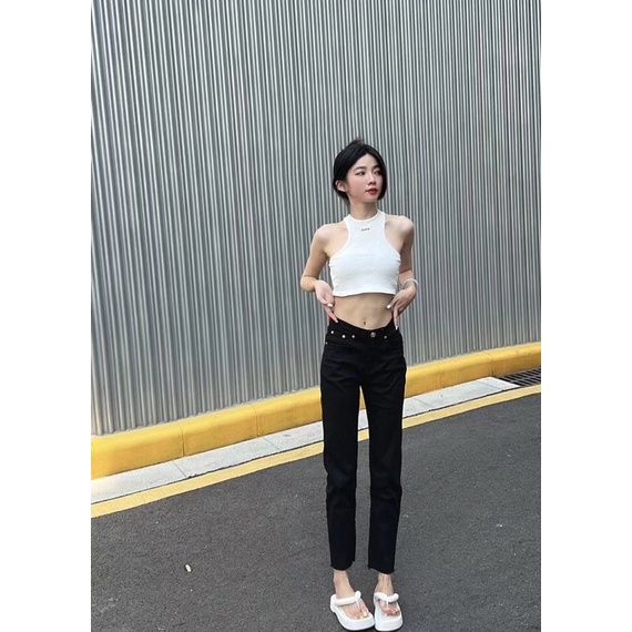 Quần jeans nữ cạp cao co giãn logo chữ FF Fendi FD 2022 cao cấp màu đen trơn
