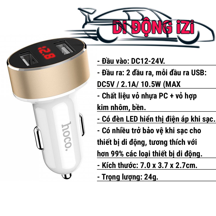 Tẩu Sạc Ô Tô Hoco Z26 - Thiết Kế Tiện Lợi 2 Đầu Ra, Đèn LED Hiển Thị Dòng Điện, Cốc Sạc Xe Hơi Thông Minh