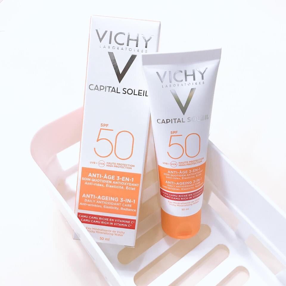 Vichy - Kem Chống Nắng Ngăn Ngừa Lão Hóa Capital Soleil SPF 50 Anti-Ageing 3-in-1 50ml [Chính Hãng] [Mẫu Mới]