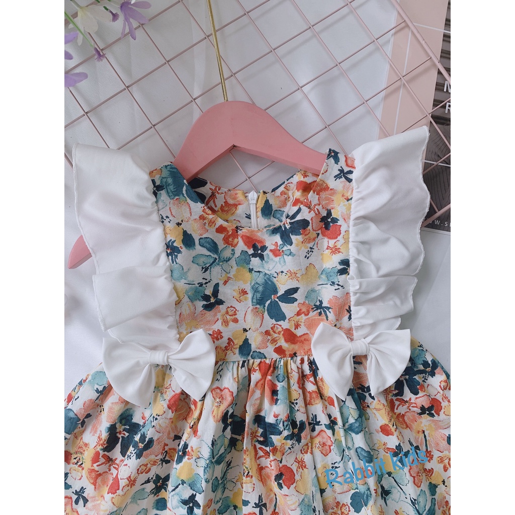 Váy Đầm Hoa Sắc Màu Cho Bé Gái 💝FREESHIP💝 Rabbit Kids - Đầm Xoè Trẻ Em 8 - 22kg Chất Thô Mềm Phối Trắng