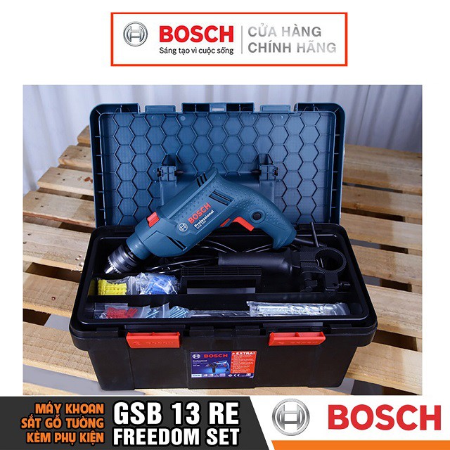 [CHÍNH HÃNG] Máy Khoan Động Lực Bosch GSB 13 RE FREEDOM SET 100 Món Phụ Kiện - Khoan Được Tường, Giá Đại Lý Cấp 1