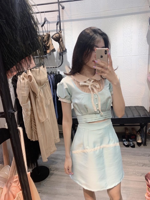 Set tafta dáng babydoll áo tay bồng xanh ngọc + chân váy chữ A  chuẩn hàng thiết kế