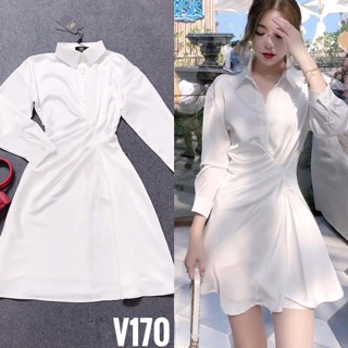 Váy sơ mi trắng cổ Đức xếp nhún