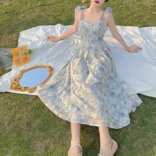 Váy đầm nữ maxi hai dây cột nơ vai chất voan hoa 2 lớp  thích hợp dạo chơi đi biển