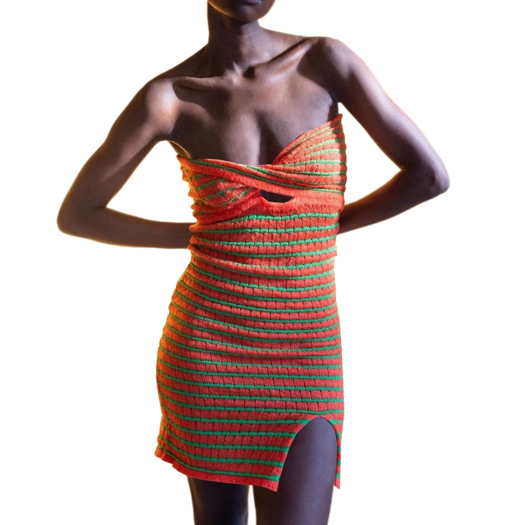 DUNEA Đầm Dệt Kim Trễ Vai Xẻ Tà Họa Tiết Kẻ Sọc Thời Trang Quyến Rũ Cho Nữ