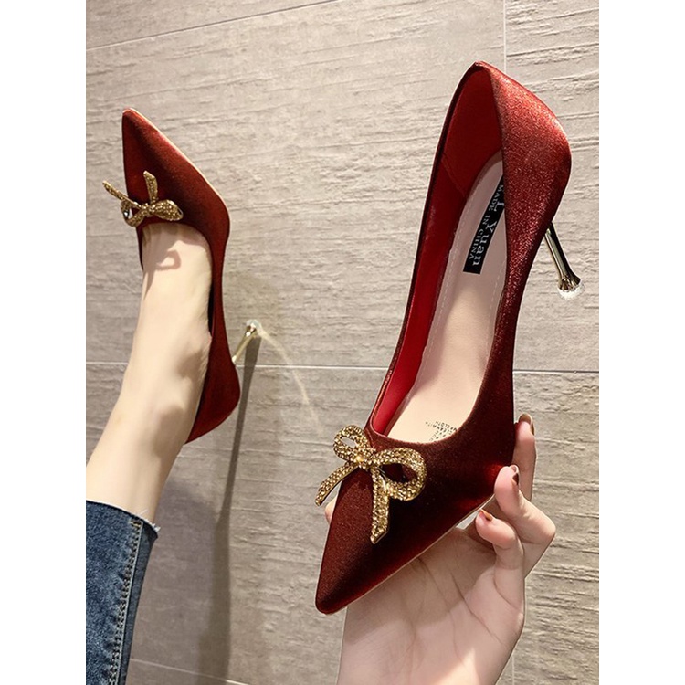 Red Silk and Satin High Heels Women's Stiletto Heel2021Fall New Wedding Shoes Rhinestone Bow Pointed Bride Pumps