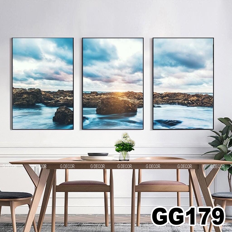 Tranh treo tường canvas khung gỗ 3 bức phong cách hiện đại Bắc Âu tranh phong cảnh trang trí phòng khách phòng ngủ 137