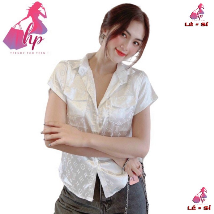 Áo sơ mi nữ voan lụa bóng dày mịn dập nổi logo trendy mẫu 2021 - mới