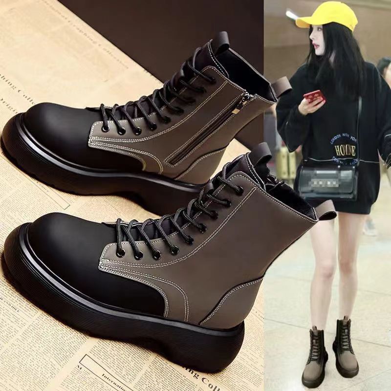 Bốt Cổ Cao Da Lì Cao Cấp Chỉ Nổi Phối xanh Rêu Buộc Dây Kéo Khóa Cổ