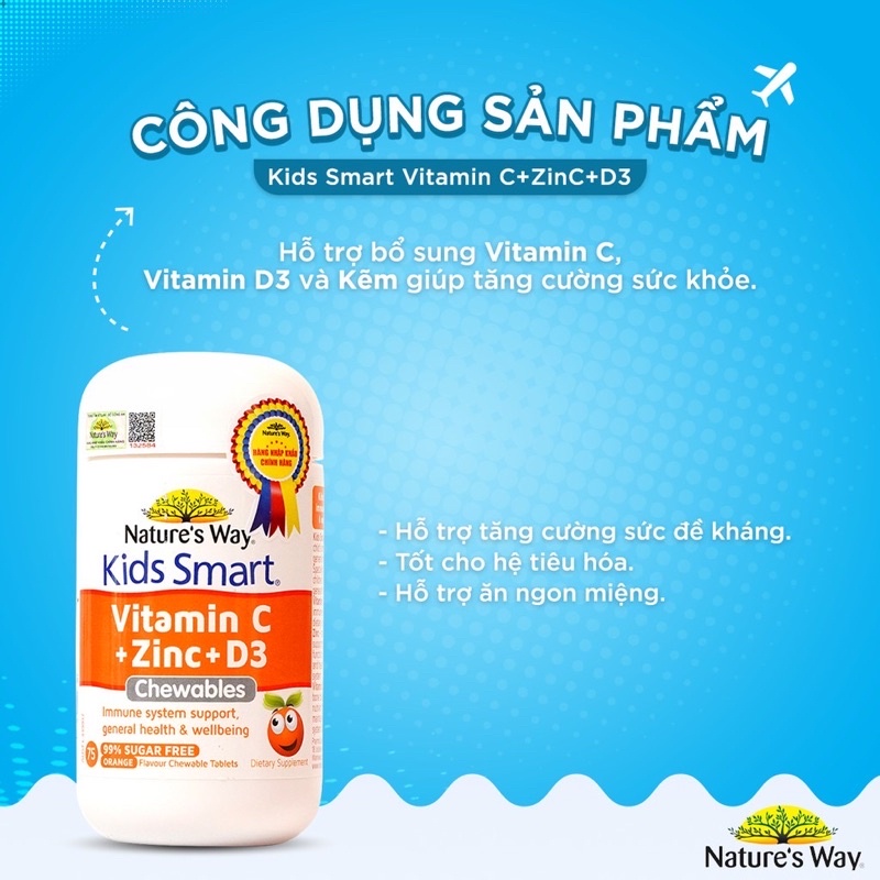 Viên Nhai Nature’s Way Kids Smart Vitamin C+ZinC+D3 Chewable Tablets Bổ Sung Vitamin Cho Bé Phát Triển Toàn Diện 75 Viên