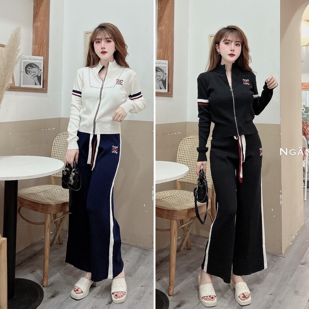 Set len khoá thêu ngực + quần ống suông