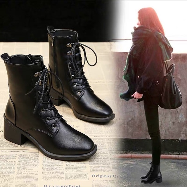 Giày boot nữ cổ thấp da lộn buộc dây trước cao cấp - Giày boots nữ cổ thấp da bóng đế vuông sanh chảnh [order 7-15 ngày]