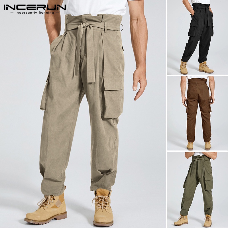 Quần baggy dài INCERUN lưng cao thiết kế nhiều túi có thắt lưng phong cách retro cho nam