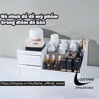 Kệ nhựa đựng mỹ phẩm đồ trang điểm để bàn chất liệu nhựa PP 2 màu trắng hồng (size 25x16cm)