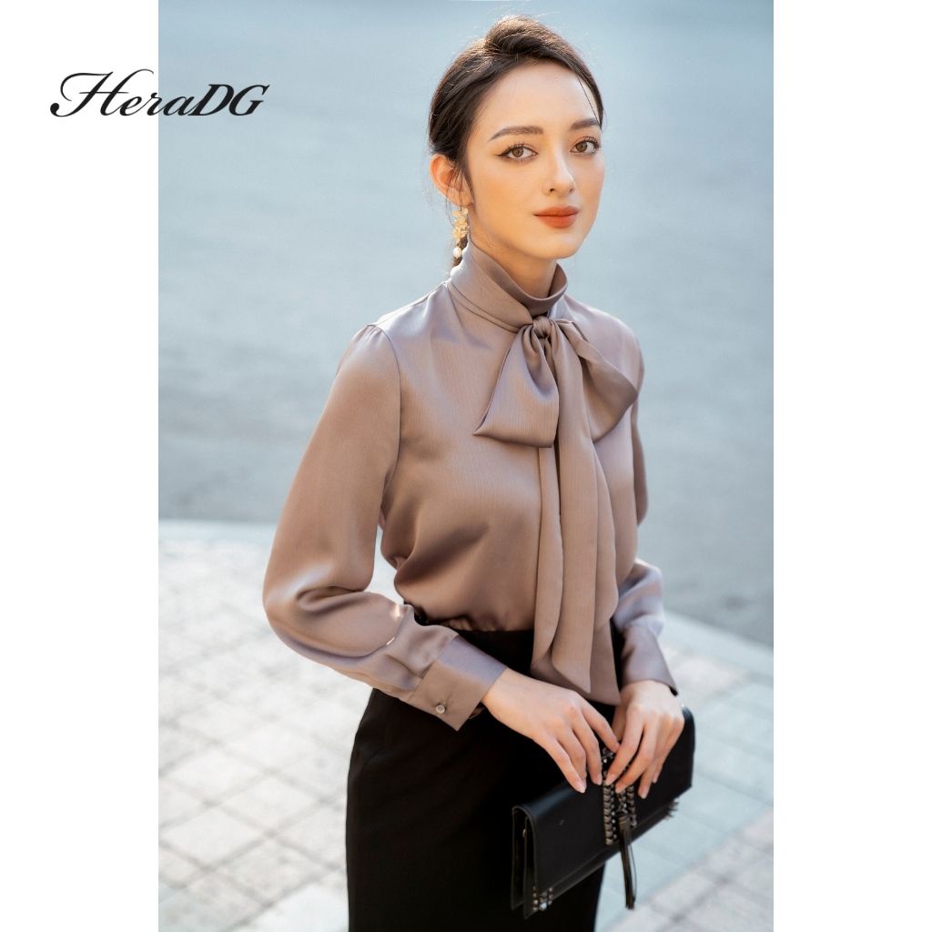 Áo Sơ Mi Lụa Công Sở Nữ HeraDG Thiết Kế Tay Dài Cổ Thắt Nơ Điệu, Chất Vải Mềm Nhẹ WAKBA016